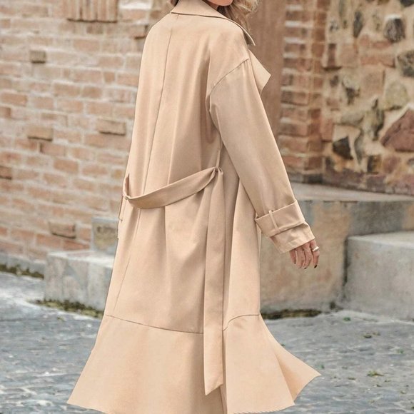 Khaki Preppy Womens Double Breasted Ruffle Hem Belted Trench Coat - Picture 2 of 5